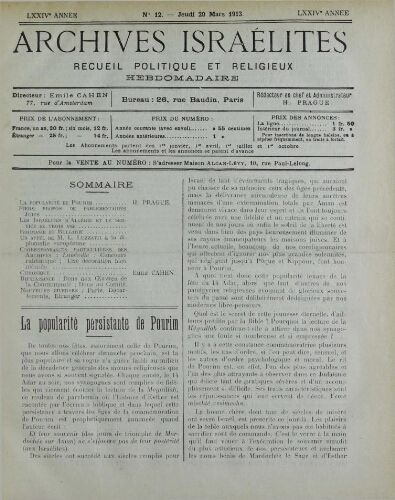Archives israélites de France. Vol.74 N°12 (20 mars 1913)